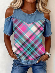 Women's Vintage Plaid Print Denim Patchwork Top