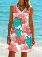 Women's Cute Sea Turtles Print Casual Sleeveless V-Neck Dress