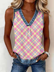 Women's Pastel Plaid Pattern Denim Patchwork Top