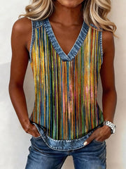 Women's Vintage Striped Print Denim Patchwork Top