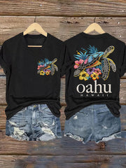 Women's Oahu Hawaii Sea Turtle Oahu Strong Print V-Neck Tee