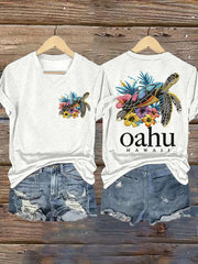 Women's Oahu Hawaii Sea Turtle Oahu Strong Print V-Neck Tee