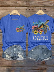 Women's Oahu Hawaii Sea Turtle Oahu Strong Print V-Neck Tee