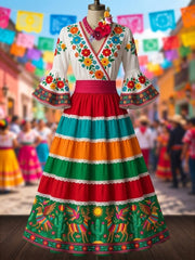 Women's Mexican Ethnic Floral Print Flared-Sleeve Dress