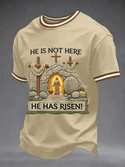 Men's He Is Not Here He Has Risen Easter Jesus Christian Cross Print Casual Tee