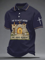 Men's He Is Not Here He Has Risen! Jesus Christian Cross Print Casual Polo