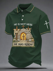 Men's He Is Not Here He Has Risen! Jesus Christian Cross Print Casual Polo