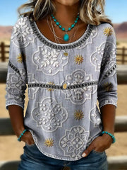 Women's Retro Western Art Print Casual T-shirt
