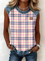 Women's Plaid Pattern Denim Patchwork Sleeveless Top