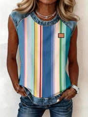 Women's Striped Pattern Denim Patchwork Sleeveless Top