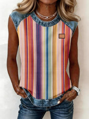 Women's Colorful Striped Pattern Denim Patchwork Sleeveless Top