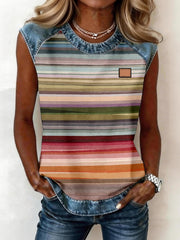 Women's Retro Striped Pattern Denim Patchwork Sleeveless Top