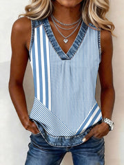 Women's Simple Striped Pattern Denim Patchwork V-Neck Top