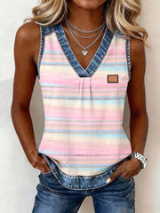 Women's Abstract Art Pattern Denim Patchwork Top