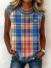 Women's Plaid Pattern Denim Patchwork Sleeveless Top
