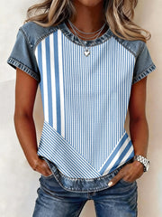 Women's Simple Striped Pattern Denim Patchwork Top
