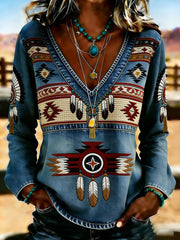Women's Retro Western Art Print Casual Top