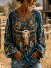 Women's Retro Western Ethnic Feather Bull Skull Print Casual V-Neck Shirt