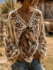 Women's Retro Western Floral Horse Print Casual V-Neck Long-Sleeve Shirt