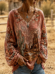 Women's Retro Western Print Casual V-Neck Long-Sleeve Shirt