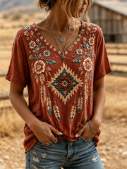 Women's Retro Western Ethnic Aztec Print Casual V-Neck Shirt