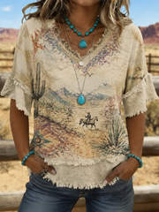 Women's Western-style print Cotton-Linen Shirt