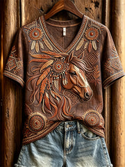 Women's Vintage Western Horse Ethnic Leather Art Print V-neck short-sleeved T-shirt