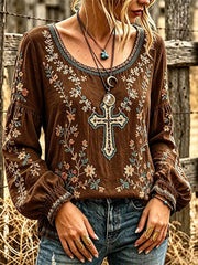 Women's Calssy Western Floral Cross Art Print Cotton and Linen Top