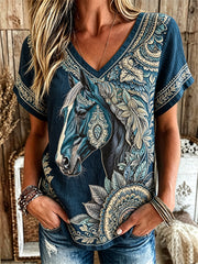 Women's western horse pattern ethnic style printed casual cotton and linen short-sleeved T-shirt