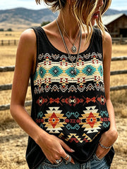 Women's western style ethnic pattern printed casual cotton and linen vest