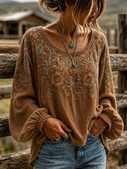 Women's Western Floral Cotton Linen Shirt
