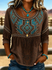 Women's Ethnic Western Pattern Tassel Print Linen Mid-sleeved T-shirt