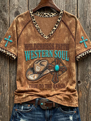 Women's Wilderness Faith Western Soul True To The Ranch Print V-neck Short-sleeved T-shirt