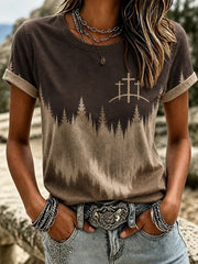 Women's Retro Western Christian Cross Short Sleeve T-shirt