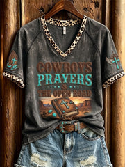 Women's Western Cowboys Prayers & The Open Road Faith Art Print V-neck Short-sleeved T-shirt