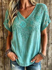 Women's western style ethnic pattern printed casual cotton and linen T-shirt
