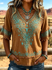 Women's Vintage Western Pattern Print Tassel Cotton-Linen Shirt