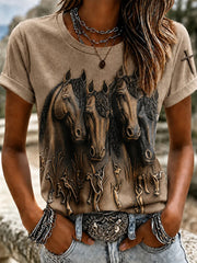 Women's Retro Western Horse Short Sleeve T-shirt