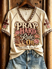 Women's Vintage Play Hard Ride On Floral Cross Western Print short-sleeved T-shirt