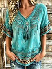 Women's Vintage Western Turquoise Art Leopard Print Layered Fringe Trim Cotton-Linen Shirt