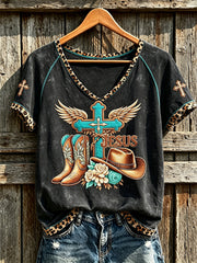 Women's retro western style faith slogan pattern printed casual short-sleeve T-shirt