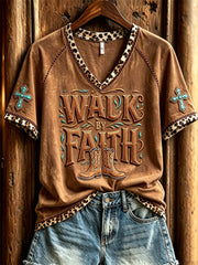 Women's Walk By Faith Western Boots Turquoise Cross Leopard Print short-sleeved T-shirt