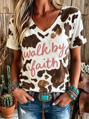 Women's Western Walk By Faith Cow Print Short-sleeved T-shirt