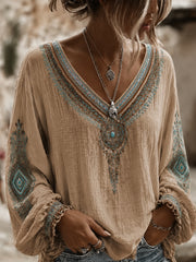 Women's Vintage Western Printed V-neck Cotton-Linen Shirt