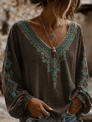 Women's Vintage Western Printed V-neck Cotton-Linen Shirt