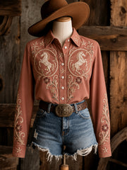 Women's Retro Western Floral Horse Print Long-Sleeve Shirt