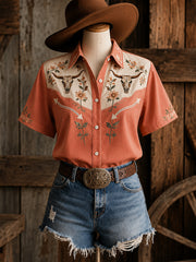 Women's Retro Western Bull Skull Print Short-Sleeve Shirt