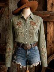 Women's Retro Western Floral Horse Print Long-Sleeve Shirt