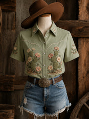 Women's Retro Western Bull Skull Print Short-Sleeve Shirt