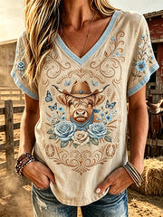 Women's retro western style animal print casual linen short-sleeve T-shirt